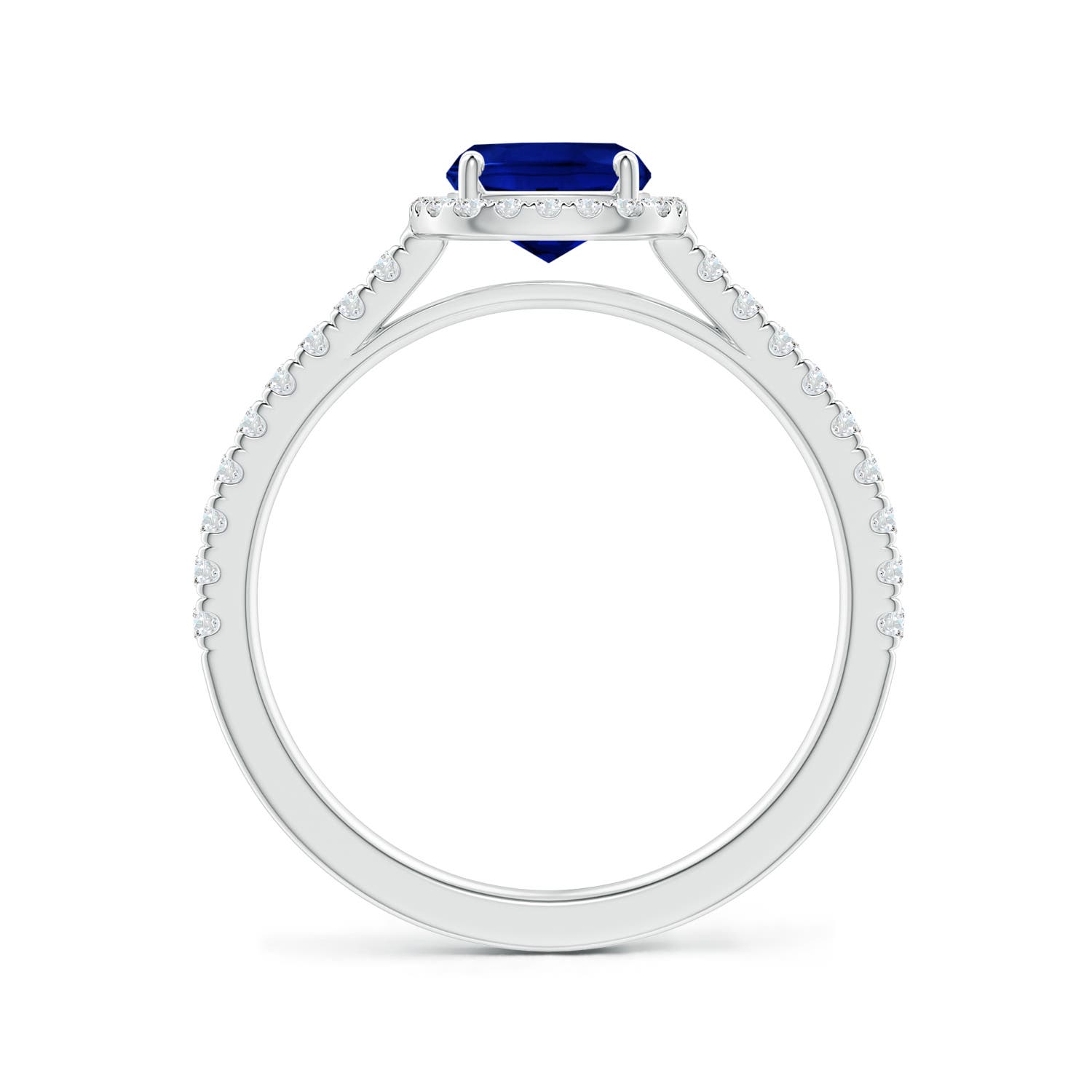 8x6mm AAAA Claw Set Cushion-Cut Blue Sapphire Ring with Diamonds  in White Gold - side 2