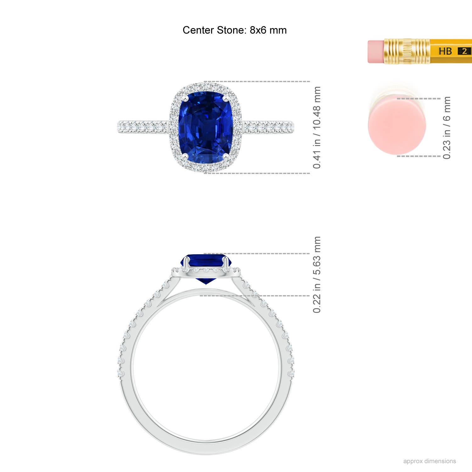 8x6mm AAAA Claw Set Cushion-Cut Blue Sapphire Ring with Diamonds  in White Gold - ruler