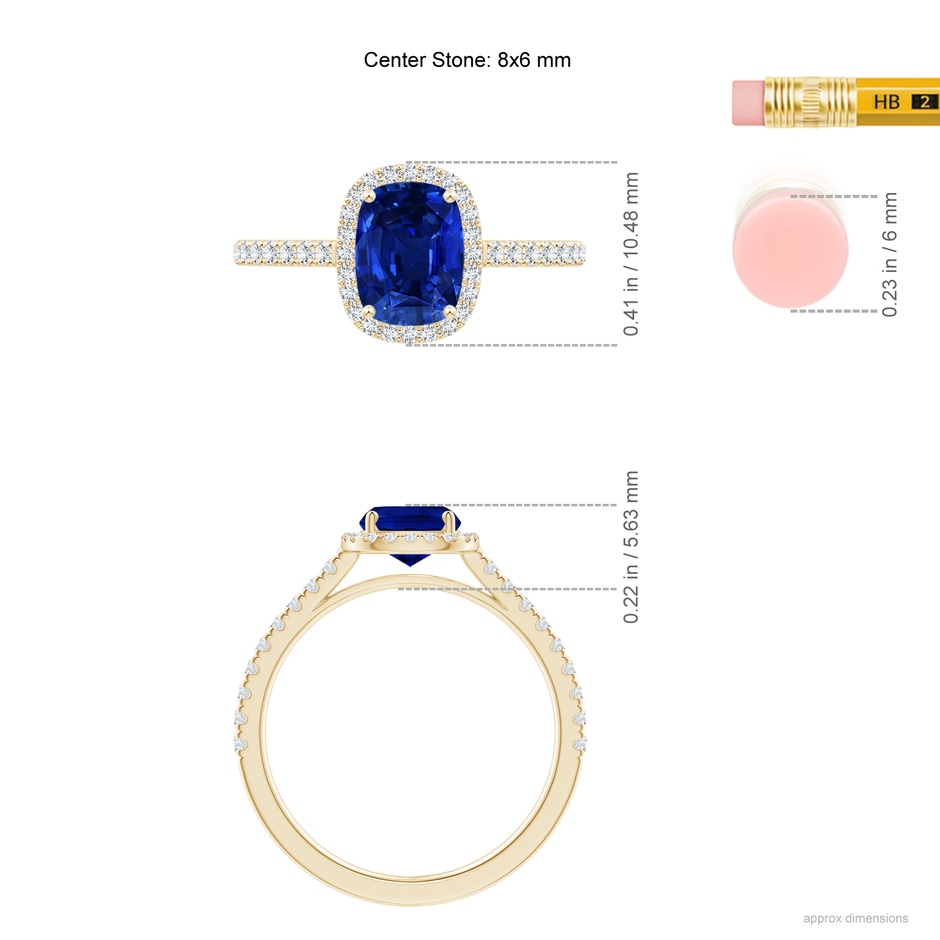 8x6mm Lab-Grown Claw Set Cushion-Cut Blue Sapphire Ring with Diamonds  in Yellow Gold ruler