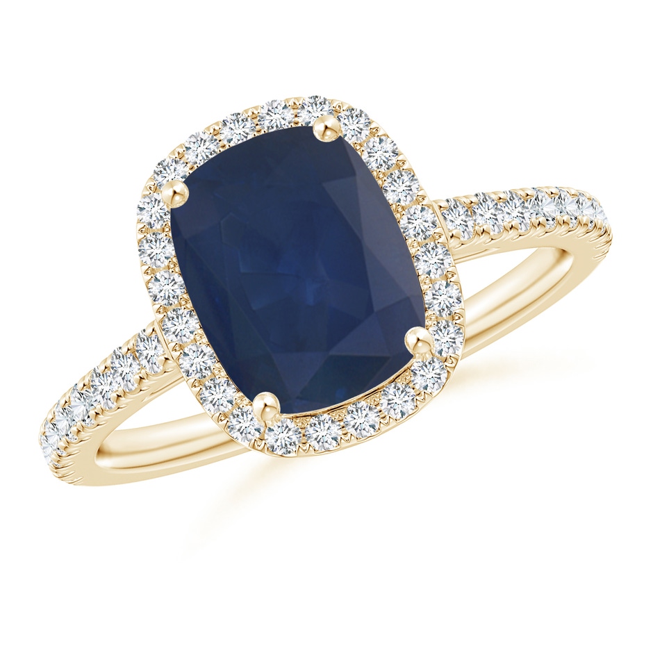 9x7mm A Claw Set Cushion-Cut Blue Sapphire Ring with Diamonds  in Yellow Gold 