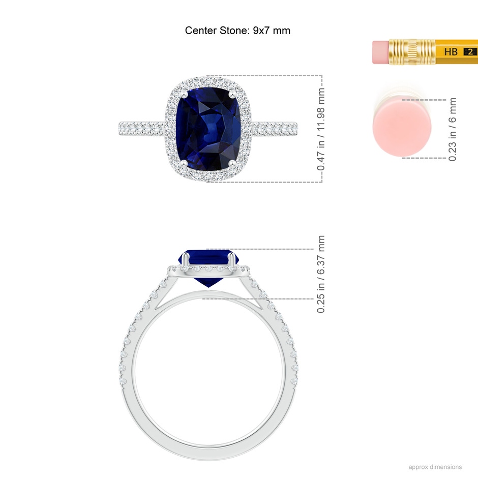9x7mm AAA Claw Set Cushion-Cut Blue Sapphire Ring with Diamonds  in P950 Platinum ruler