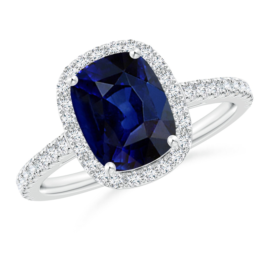9x7mm AAA Claw Set Cushion-Cut Blue Sapphire Ring with Diamonds  in White Gold 