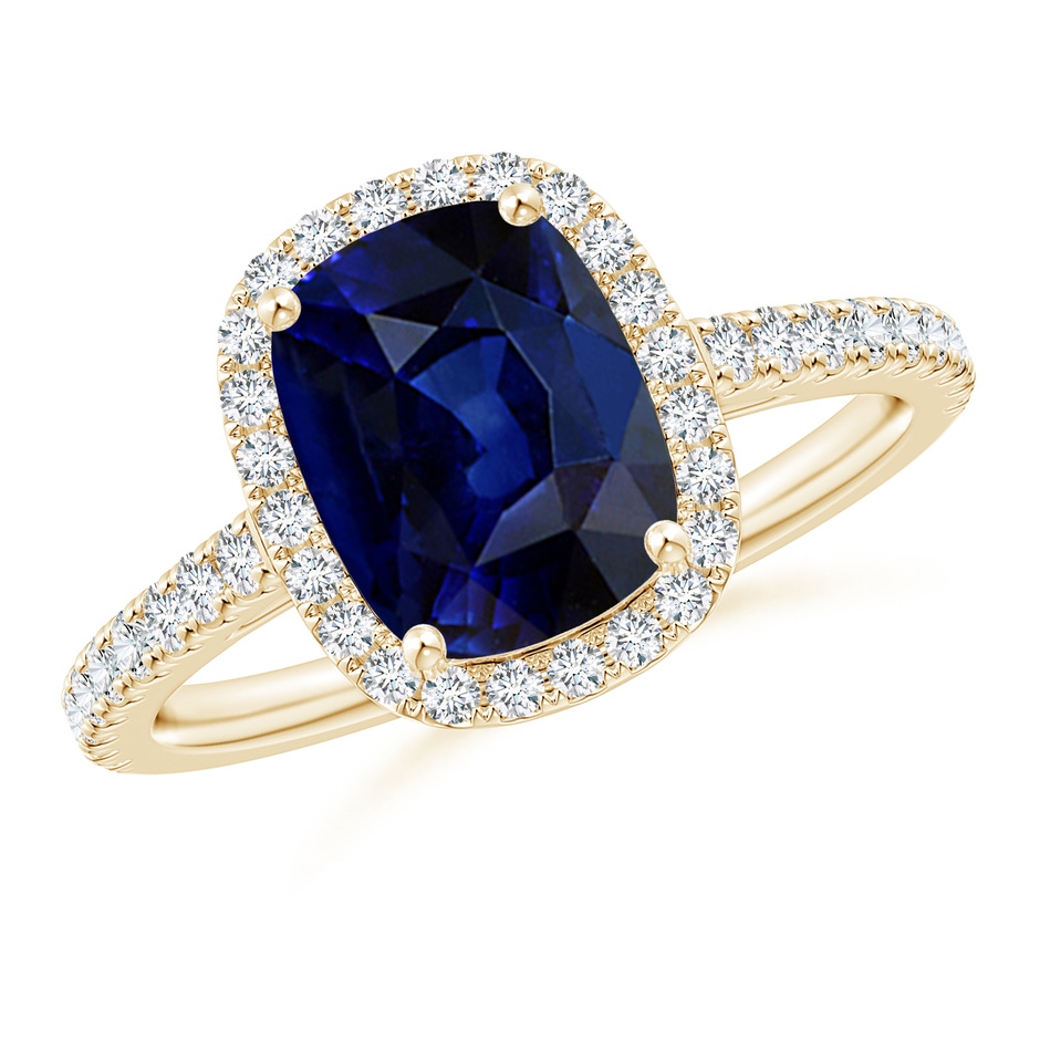 9x7mm AAA Claw Set Cushion-Cut Blue Sapphire Ring with Diamonds  in Yellow Gold 