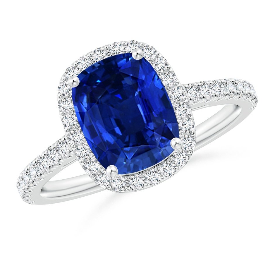 9x7mm Lab-Grown Claw Set Cushion-Cut Blue Sapphire Ring with Diamonds  in 18K White Gold 