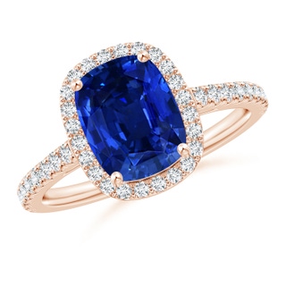 9x7mm AAAA Claw Set Cushion-Cut Blue Sapphire Ring with Diamonds  in Rose Gold