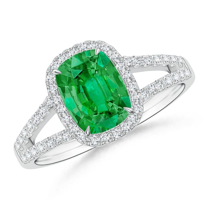 Split Shank Cushion Emerald Halo Ring with Diamonds | Angara