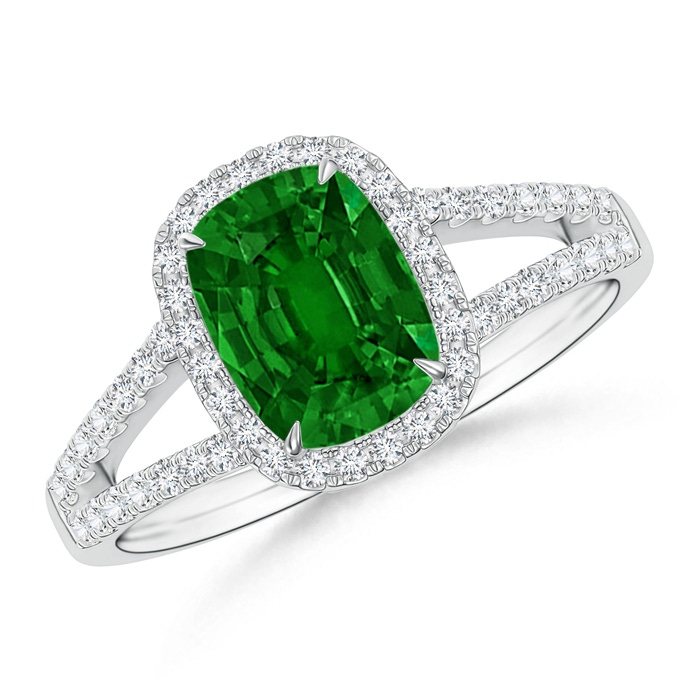 8x6mm AAAA Split Shank Cushion Emerald Halo Ring with Diamonds in White Gold