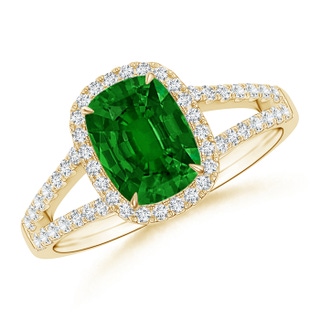 8x6mm AAAA Split Shank Cushion Emerald Halo Ring with Diamonds in Yellow Gold