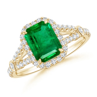 8x6mm AAA Split Shank Emerald-Cut Emerald Ring with Diamond Accents in Yellow Gold