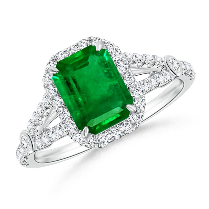 8x6mm AAAA Split Shank Emerald-Cut Emerald Ring with Diamond Accents in 18K White Gold