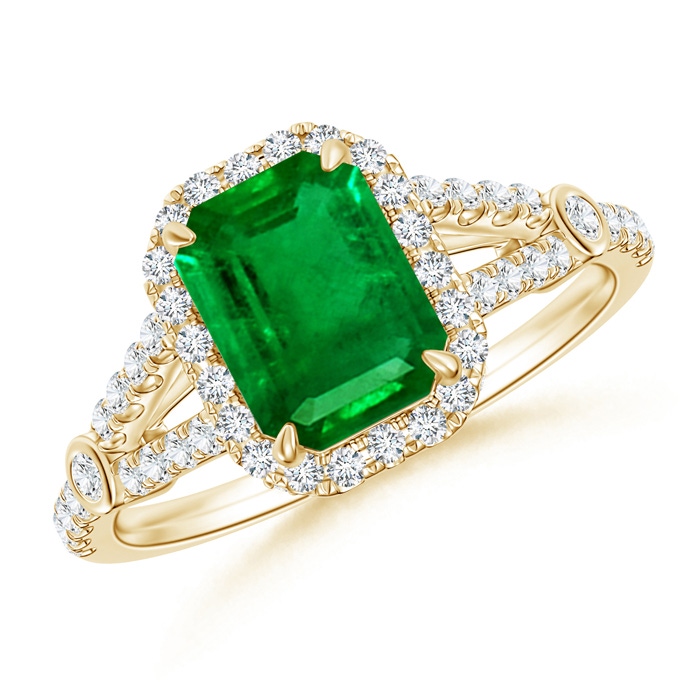 8x6mm AAAA Split Shank Emerald-Cut Emerald Ring with Diamond Accents in Yellow Gold