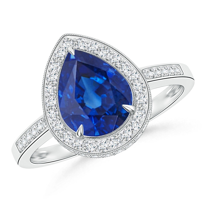 9x7mm AAA Vintage Style Blue Sapphire Halo Ring with Milgrain in White Gold