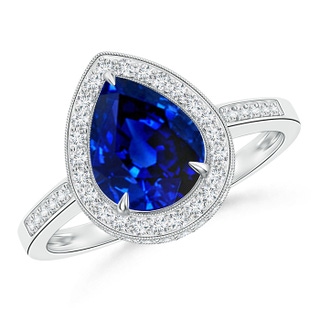 9x7mm AAAA Vintage Style Blue Sapphire Halo Ring with Milgrain in 18K White Gold