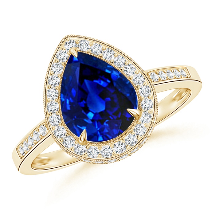 9x7mm AAAA Vintage Style Blue Sapphire Halo Ring with Milgrain in Yellow Gold