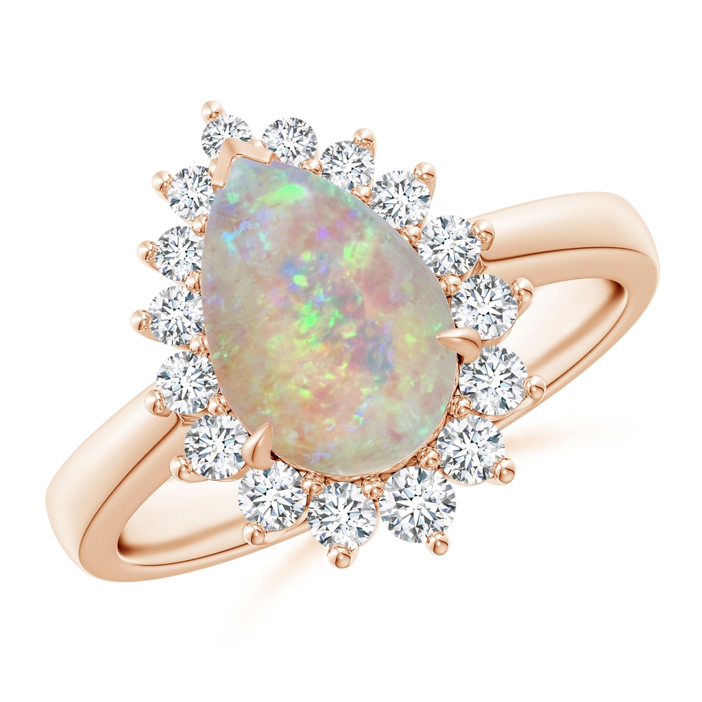 10x7mm AAAA Claw-Set Pear Opal Ring with Diamond Halo in Rose Gold