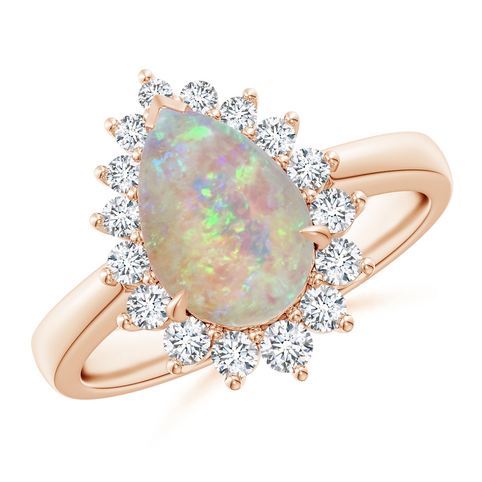 10x7mm AAAA Claw-Set Pear Opal Ring with Diamond Halo in Rose Gold 