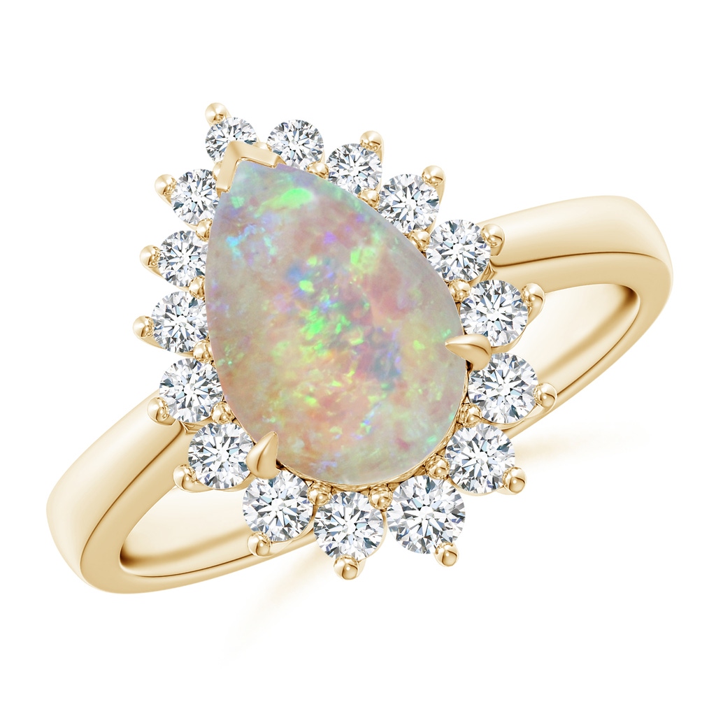 10x7mm AAAA Claw-Set Pear Opal Ring with Diamond Halo in Yellow Gold
