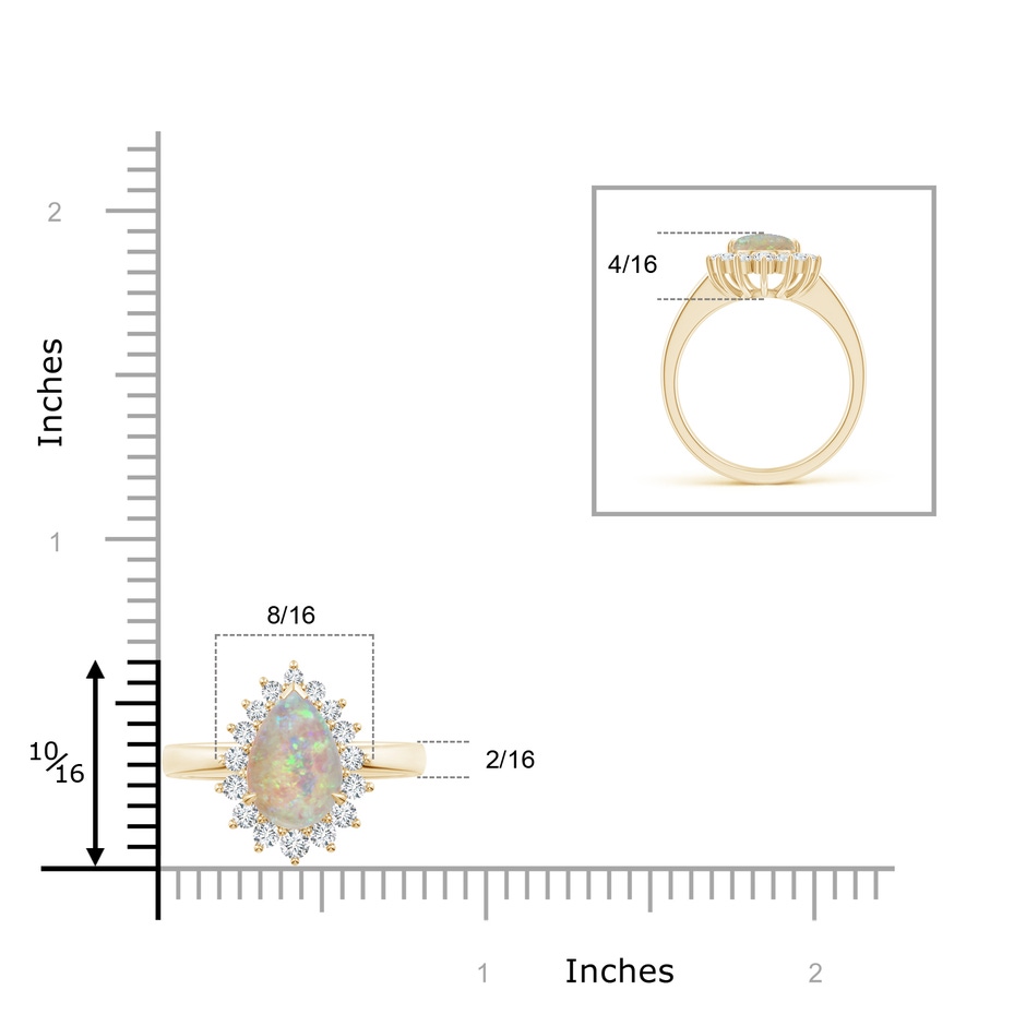 10x7mm AAAA Claw-Set Pear Opal Ring with Diamond Halo in Yellow Gold ruler