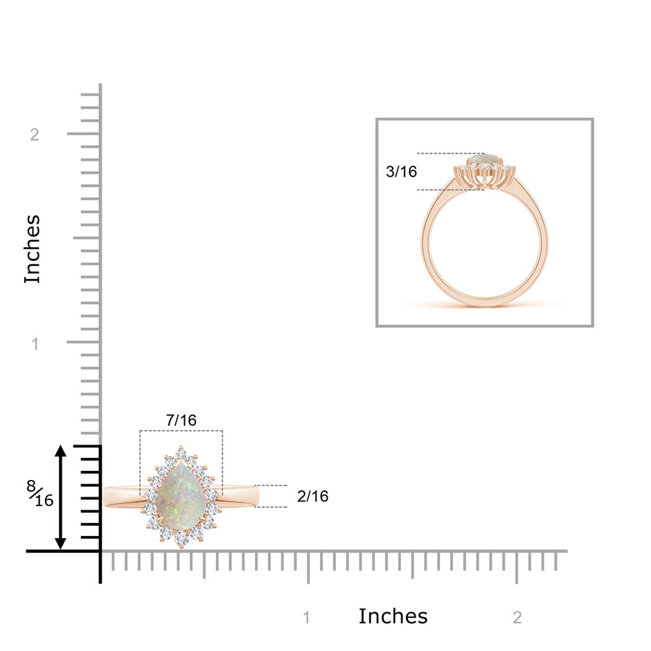 8x6mm AAA Claw-Set Pear Opal Ring with Diamond Halo in 9K Rose Gold ruler
