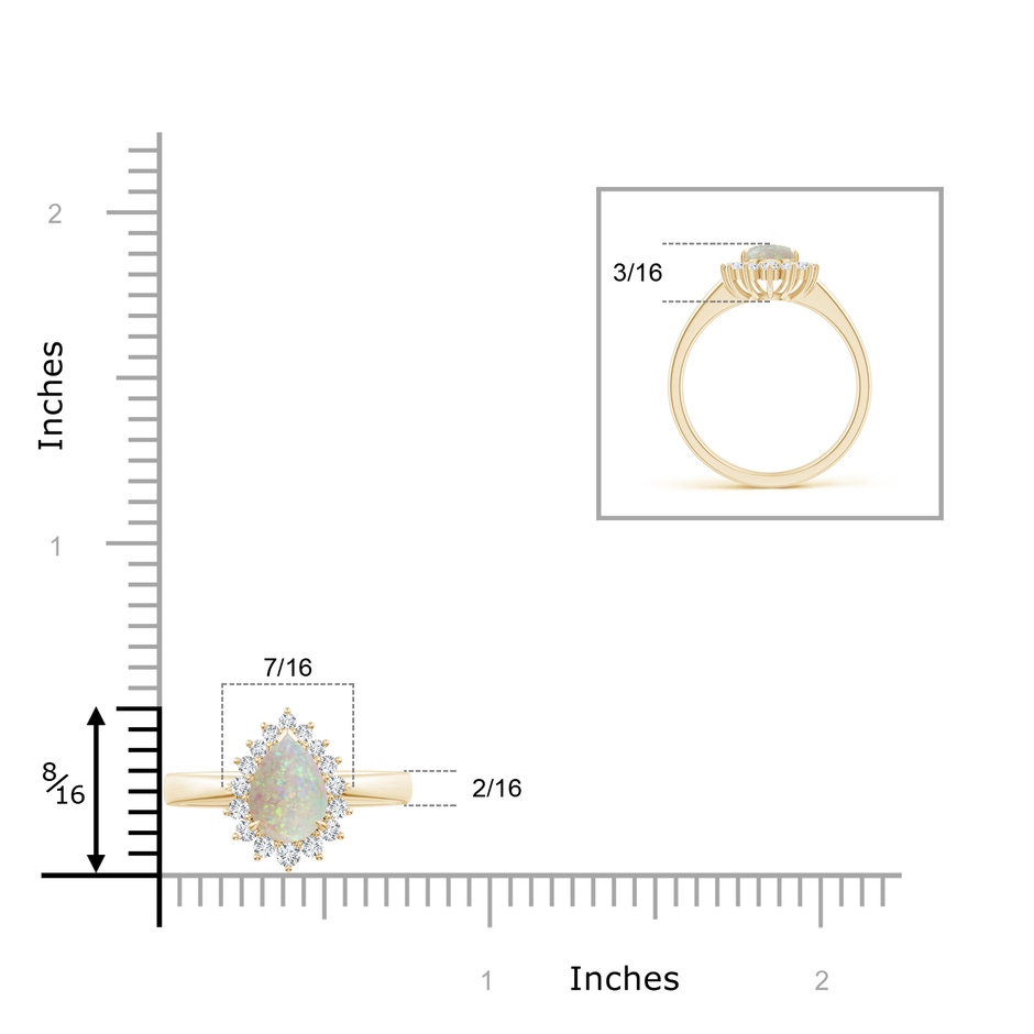 8x6mm AAA Claw-Set Pear Opal Ring with Diamond Halo in Yellow Gold ruler