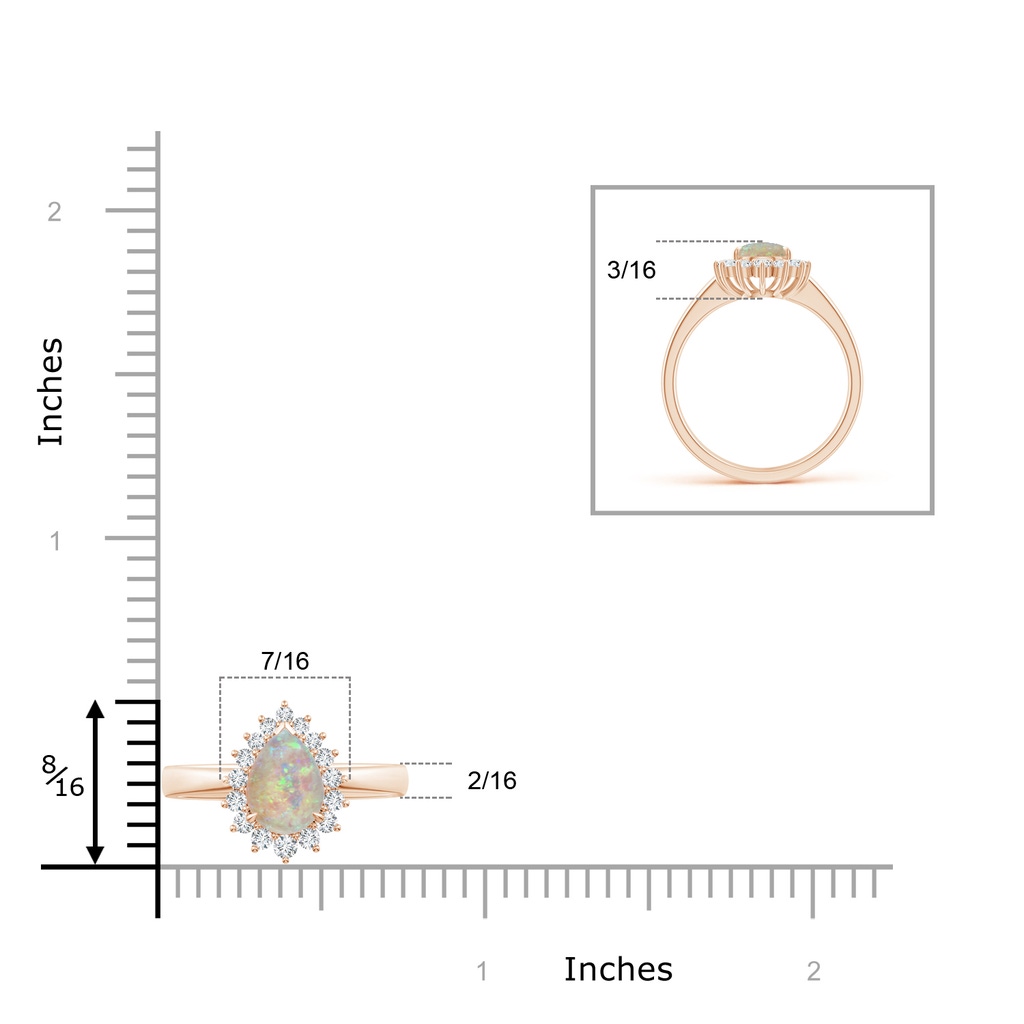 8x6mm AAAA Claw-Set Pear Opal Ring with Diamond Halo in Rose Gold Ruler
