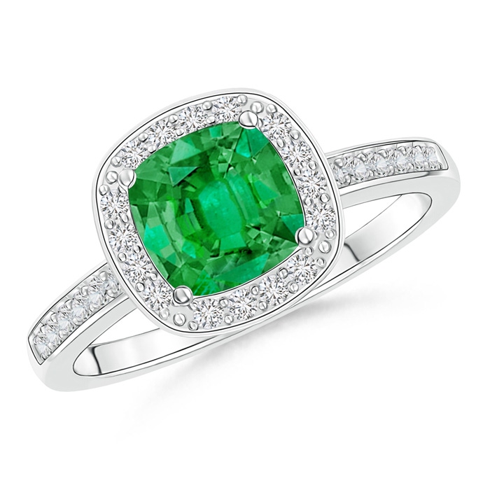 6mm AAA Cushion Emerald Engagement Ring with Diamond Accents in White Gold 