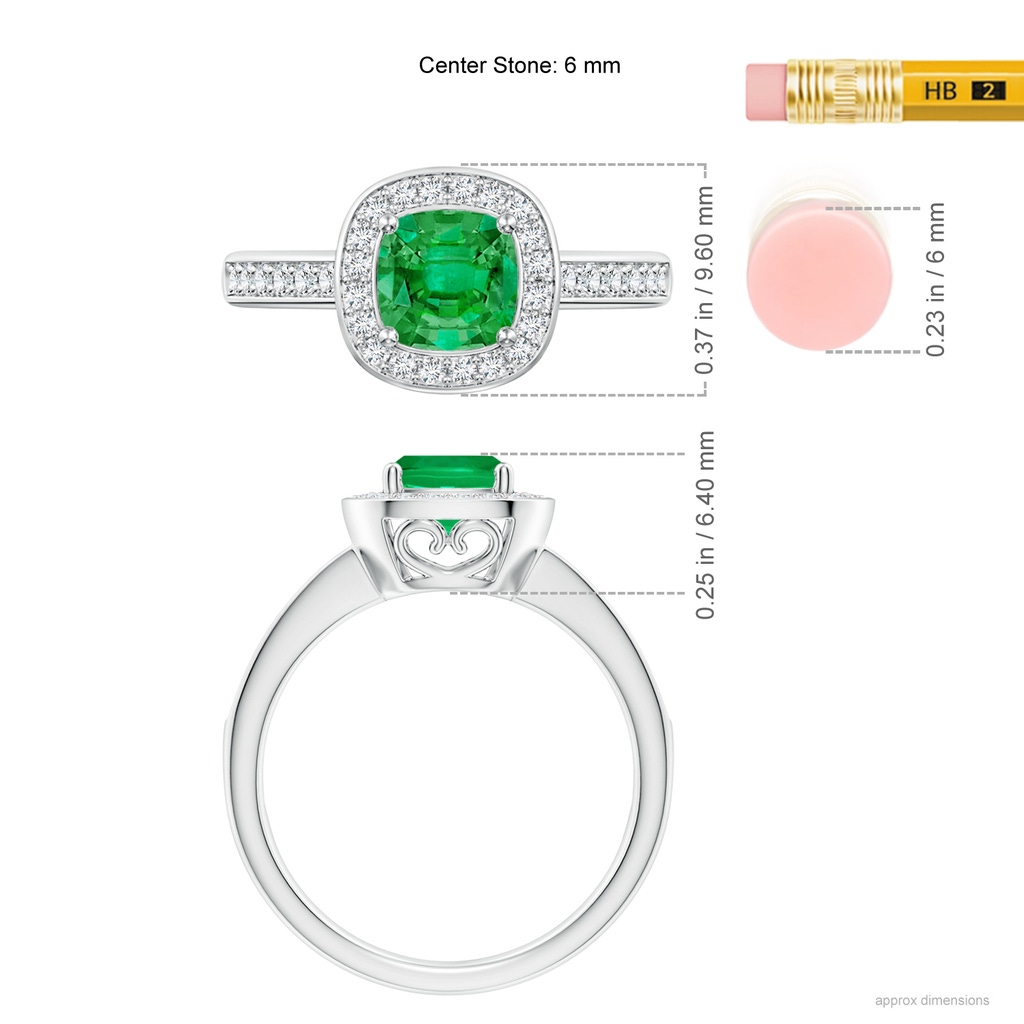 6mm AAA Cushion Emerald Engagement Ring with Diamond Accents in White Gold Ruler