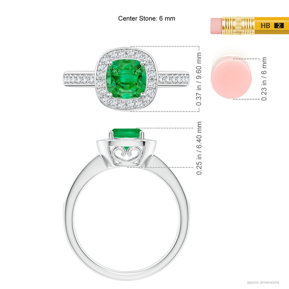 6mm AAA Cushion Emerald Engagement Ring with Diamond Accents in White Gold ruler