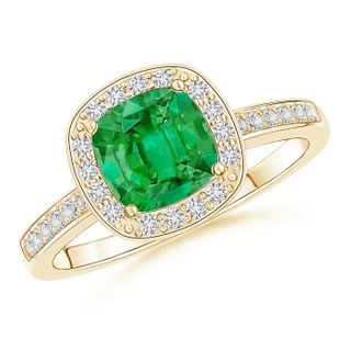 6mm AAA Cushion Emerald Engagement Ring with Diamond Accents in Yellow Gold