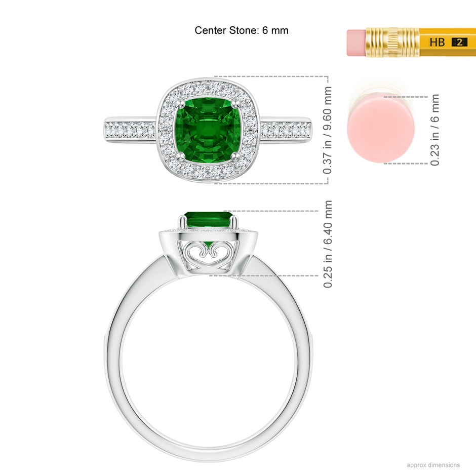 6mm AAAA Cushion Emerald Engagement Ring with Diamond Accents in P950 Platinum ruler