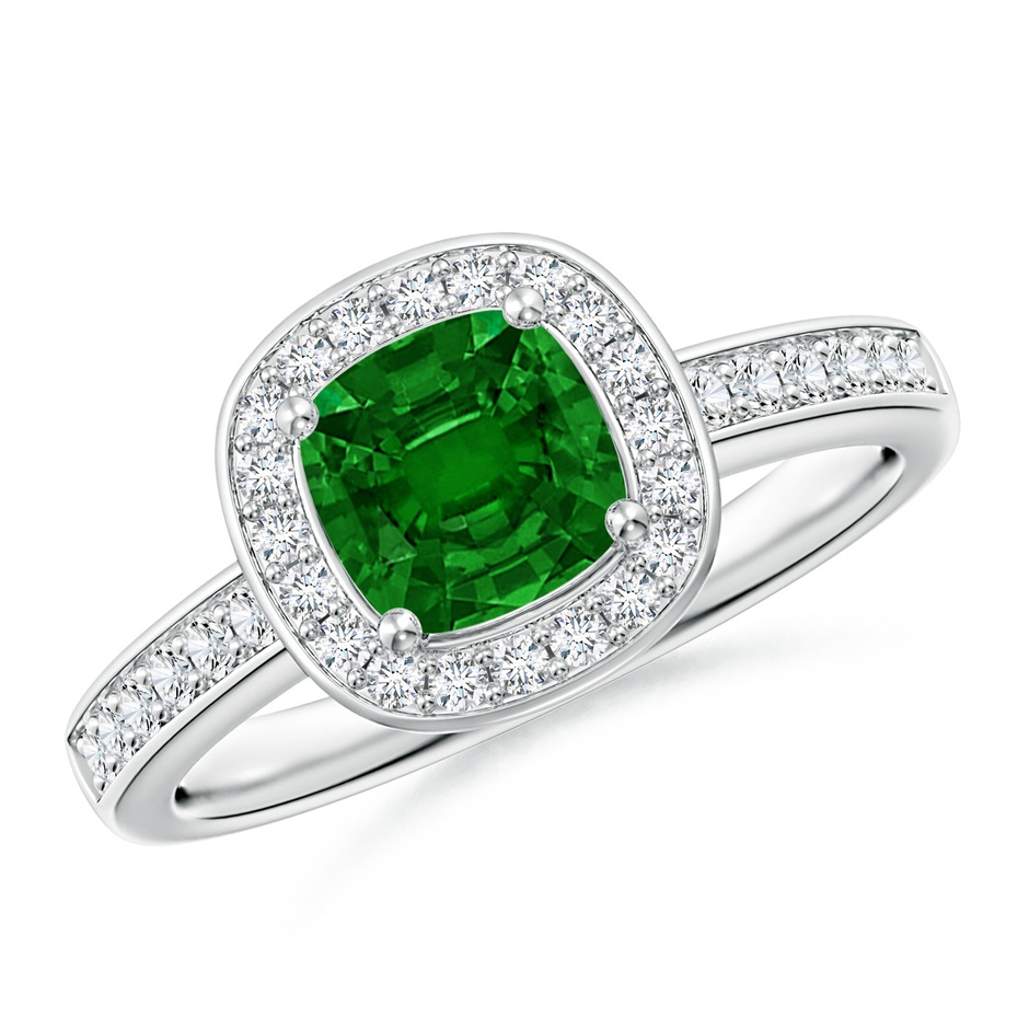 6mm AAAA Cushion Emerald Engagement Ring with Diamond Accents in White Gold 
