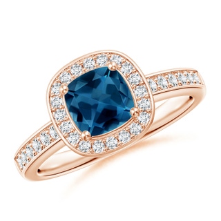 6mm AAA Cushion London Blue Topaz Halo Engagement Ring with Diamonds in Rose Gold