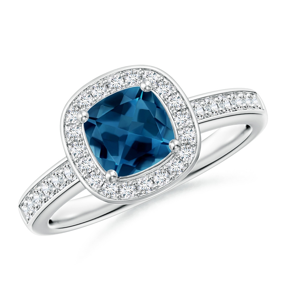 6mm AAA Cushion London Blue Topaz Halo Engagement Ring with Diamonds in White Gold 