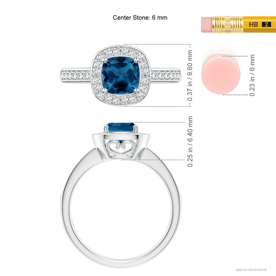 6mm AAA Cushion London Blue Topaz Halo Engagement Ring with Diamonds in White Gold ruler