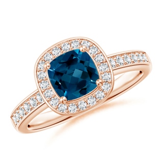 6mm AAAA Cushion London Blue Topaz Halo Engagement Ring with Diamonds in Rose Gold