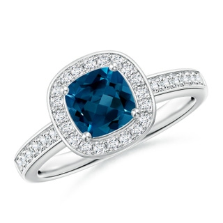 6mm AAAA Cushion London Blue Topaz Halo Engagement Ring with Diamonds in White Gold
