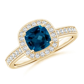 6mm AAAA Cushion London Blue Topaz Halo Engagement Ring with Diamonds in Yellow Gold