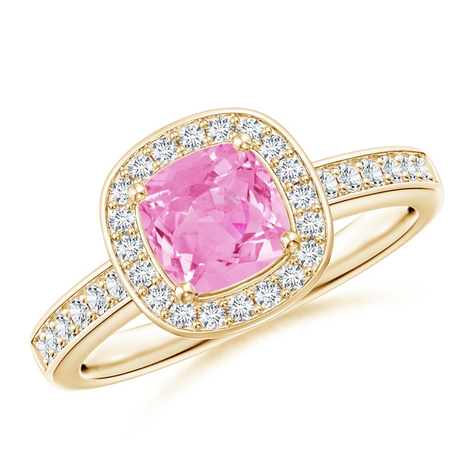 6mm A Cushion Pink Sapphire Engagement Ring with Diamond Accents in 18K Yellow Gold 