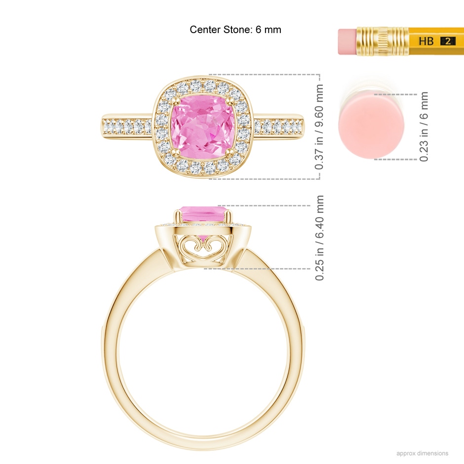 6mm A Cushion Pink Sapphire Engagement Ring with Diamond Accents in 18K Yellow Gold ruler