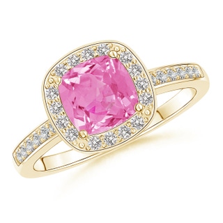 6mm AA Cushion Pink Sapphire Engagement Ring with Diamond Accents in Yellow Gold