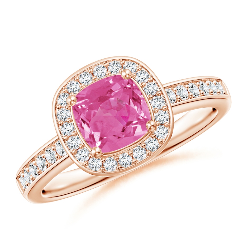6mm AAA Cushion Pink Sapphire Engagement Ring with Diamond Accents in Rose Gold 