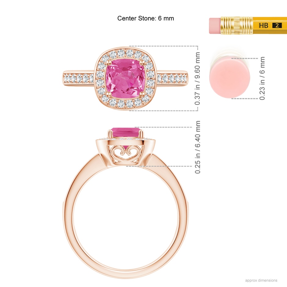 6mm AAA Cushion Pink Sapphire Engagement Ring with Diamond Accents in Rose Gold ruler