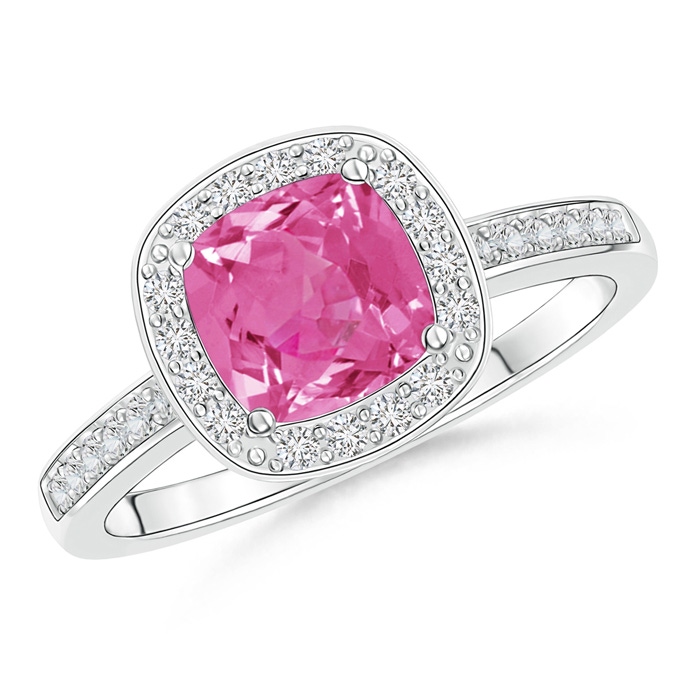 6mm AAA Cushion Pink Sapphire Engagement Ring with Diamond Accents in White Gold 