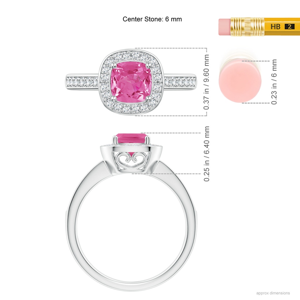 6mm AAA Cushion Pink Sapphire Engagement Ring with Diamond Accents in White Gold Ruler