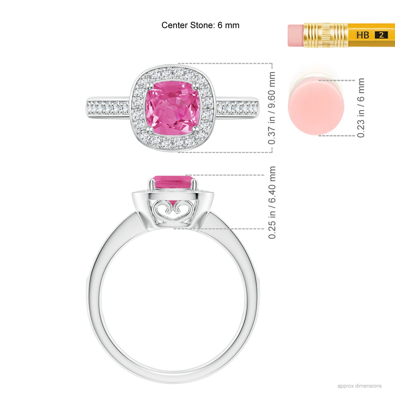 6mm AAA Cushion Pink Sapphire Engagement Ring with Diamond Accents in White Gold - ruler