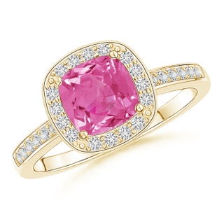 6mm AAA Cushion Pink Sapphire Engagement Ring with Diamond Accents in Yellow Gold