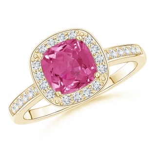 6mm AAAA Cushion Pink Sapphire Engagement Ring with Diamond Accents in Yellow Gold