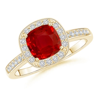 6mm AAA Cushion Ruby Engagement Ring with Diamond Accents in Yellow Gold