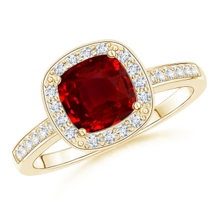 6mm AAAA Cushion Ruby Engagement Ring with Diamond Accents in Yellow Gold