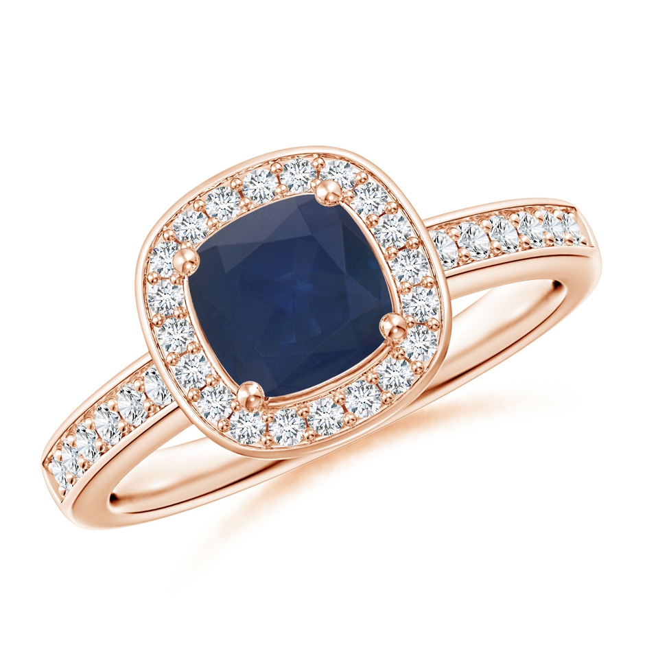 6mm A Cushion Blue Sapphire Engagement Ring with Diamond Accents in 9K Rose Gold 